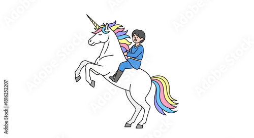 A cartoon rendition of a boy in blue attire riding a whimsical, rearing unicorn in a vibrant