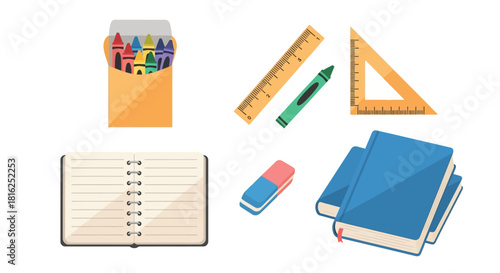 Colorful school stationery set with books, notebook, crayons, ruler, and eraser for educational