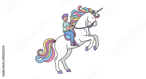 Whimsical journey a boy rides a majestic unicorn with rainbow mane illustration