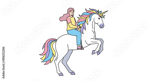 Whimsical Journey A girl riding a unicorn with rainbow mane in a dreamy landscape illustration