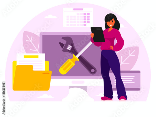 Woman from technical support. Woman with tablet. Female character in suit holding tablet. Computer repair. Computer service. Diagnostics concept. Vector graphics