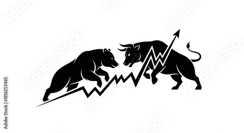 A bull and bear design representing stock market dynamics, black silhouettes of bull and bear clashing over a jagged arrow, symbolizing financial struggle, market trends, energy and trading emotions