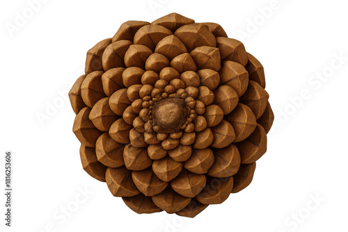 Pine cone displaying natural symmetry and sacred geometry, creating a beautiful organic fibonacci pattern, isolated looking down