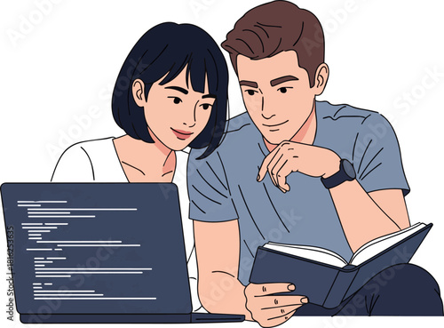Create a young couple with laptop and book vector art with white background..