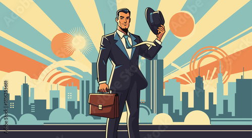 Stylized businessman in a suit with a briefcase and hat confidently stands against a city skyline, sunrise and rays create atmosphere of success, energy, optimism, business ambition, retro art style