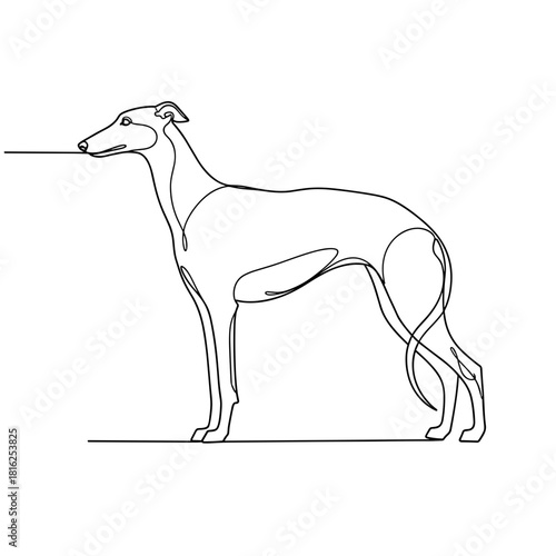 Minimalist line art of a greyhound dog in profile, elegant and slender silhouette, simple black lines on white background, grace, agility, speed, breed beauty, modern art, canine, refined character