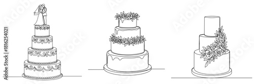 Hand-drawn wedding cakes, three different tiered cakes with floral decorations, elegant and festive designs, romantic dessert, celebration symbol, unique cake toppers, artistic pastry presentation