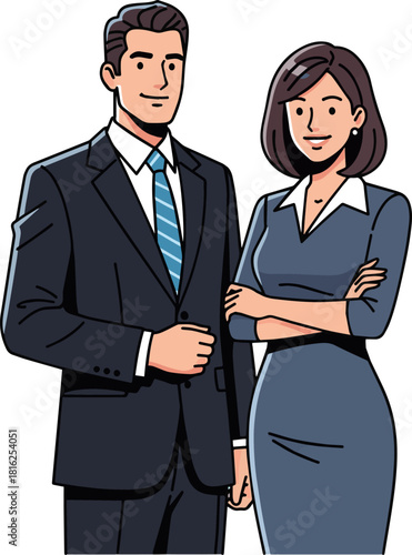 Create a business man and women standing together vector art with white background.