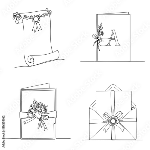 Hand-drawn wedding invitations in four styles, scroll with floral decor,card with flower bouquet, envelope with ribbon and tag,elegant romantic stationery, festive design,creative wedding announcement