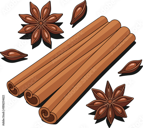 Create a cinnamon sticks and anise star vector art with white background..