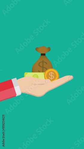 2D Flat Animation of Income or Payment. Hand Catching Money Bag and Currency.