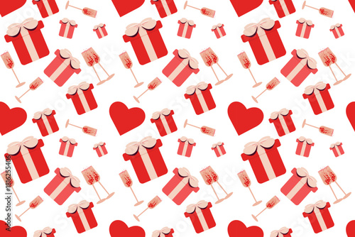 A seamless pattern of a gift and champagne glasses for Valentine's Day. Celebrating love, family, and fidelity. Can be used as a pattern for packaging or holiday decor.