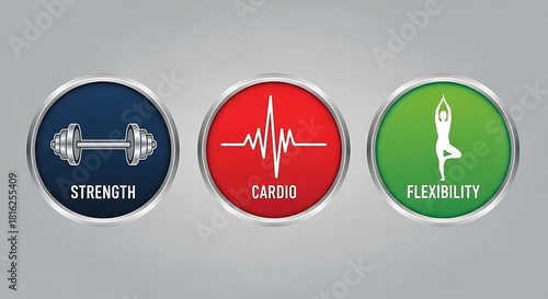 Three oval icons representing fitness strength and health on a gray background