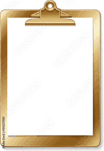 Create a Elegant golden clipboard with blank paper mockup, vector art with white background..