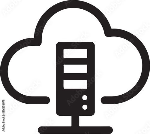 Cloud server rack icon showing virtual hosting and data management in bold solid vector silhouette.