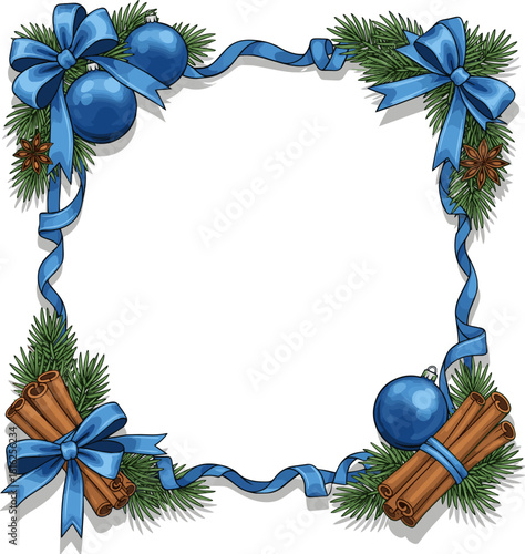 Create a frame corners of christmas fir tree decoration with blue christmas ball, cinnamon sticks and blue ribbon vector art with white background..