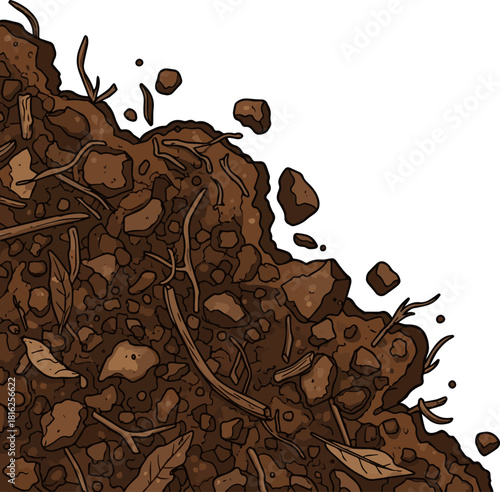 Create a humus ground soil top view in border corner vector art with white background..