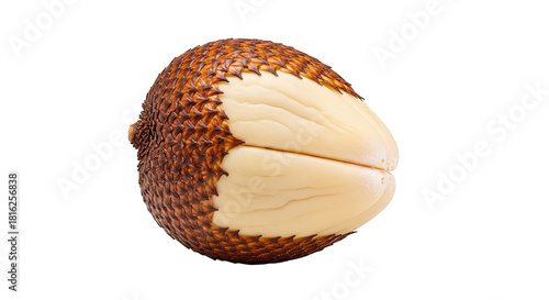 A partially peeled salak fruit reveals its segmented, creamy flesh against a dark, clean background.