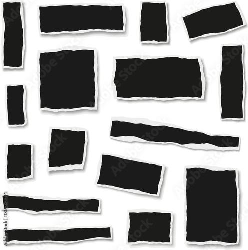 Create a kinds of deferent black torn ripped paper vector art with white background.