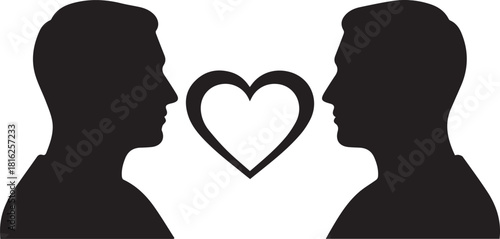 Two silhouetted heads facing each other with a heart symbol between them