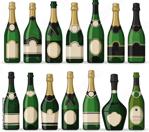 Create a kinds of deferent green bottle of champagne vector art with white background.