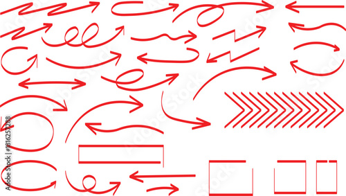 Collection of hand drawn red arrows on white background for design elements.