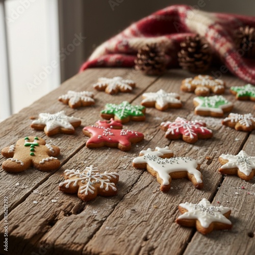 Colorful Christmas cookies decorated with icing are arranged on a rustic wooden table, creating a warm and festive holiday atmosphere.
