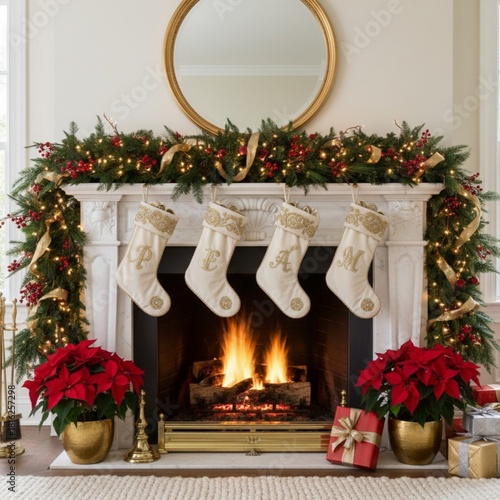 A beautifully decorated Christmas fireplace with glowing stockings, lush garlands, and warm fire creates a cozy and festive holiday atmosphere.