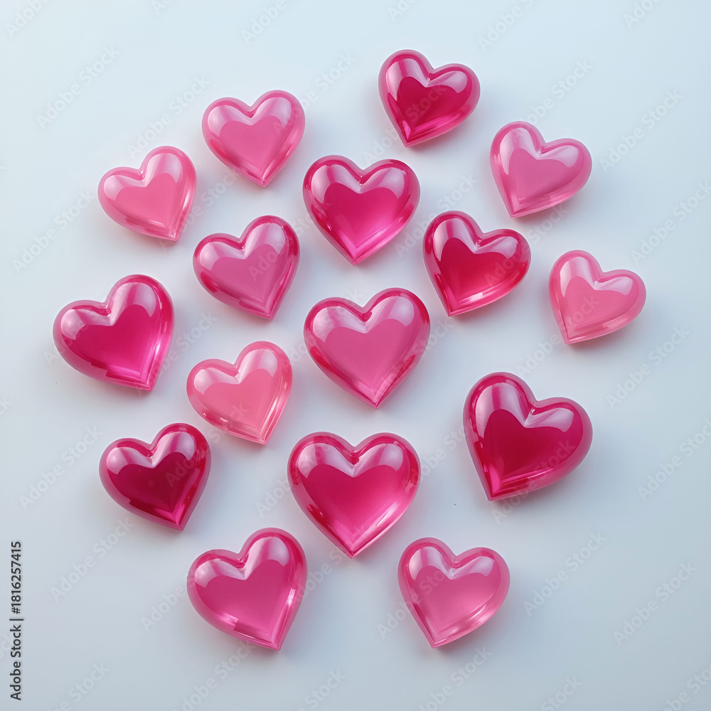 Obraz premium Glossy 3D hearts in gradient pink tones, scattered playfully on white background.