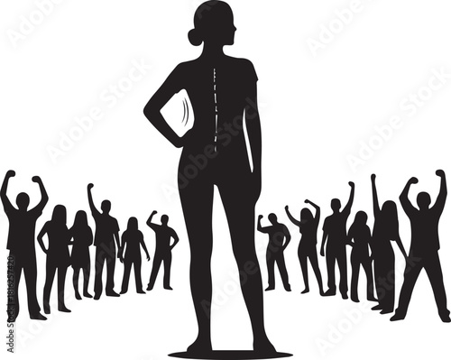 Silhouette of a woman standing tall surrounded by a crowd celebrating human rights day