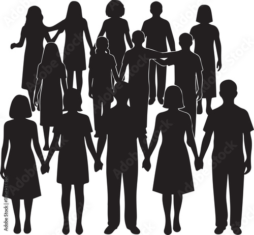 Diverse group of silhouetted people holding hands symbolizing unity and human rights day celebration