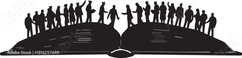 Diverse group of silhouetted people standing together on an open book symbolizing human rights