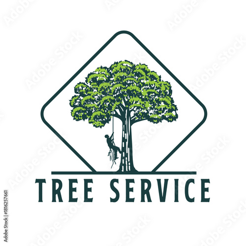 A tree service logo featuring a tree surgeon climbing a tree inside a diamond shape, isolated on the text tree service is below