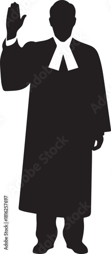 Silhouette of a person in judicial robe raising hand symbolizing justice and human rights