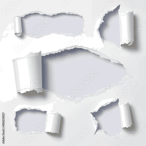 Create a kinds of deferent white torn paper hole vector art with white background.