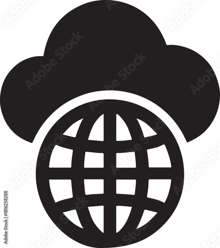 Cloud CDN icon with globe and cloud silhouette showing global content delivery in bold vector style.