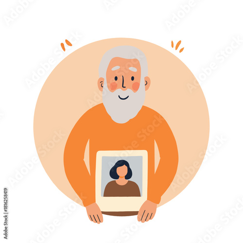 Elderly man with framed photo. Senior looking at old picture. Older man remembering loved ones. Elderly nostalgic moment at home. Elderly set