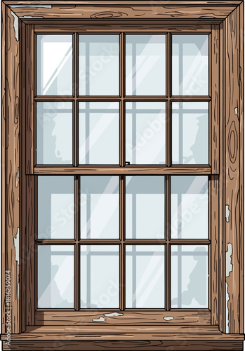 Create a old rustic wooden window frame vector art with white background..