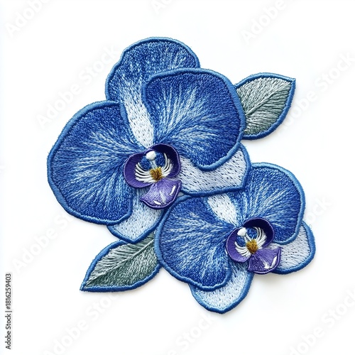 Blue Orchid blossom flower with leaves patch embroidery sewing cloth, isolated white