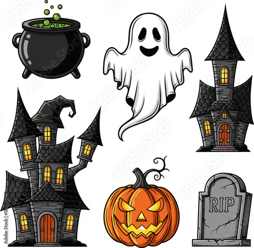 Create a set of decorative halloween objects cauldron, ghost, witch house castle, pumpkin, tombstone, vector art with white background..