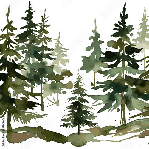 Create a set of watercolor christmas tree forest vector art with white background.
