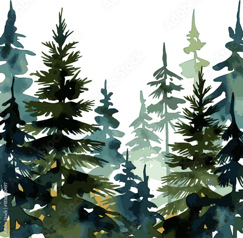 Create a set of watercolor christmas tree forest vector art with white background.