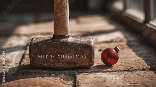 Merry Christmas message on a sledgehammer with a festive red ornament