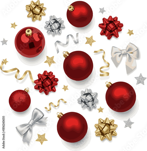 Create a top view of red christmas balls with gift ribbon and glitter stars decoration or ornament vector art with white background..