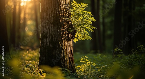 A beautiful close-up of a tree trunk with fresh green leaves illuminated by the warm golden light of a magical sunset in a tranquil and serene summer forest
