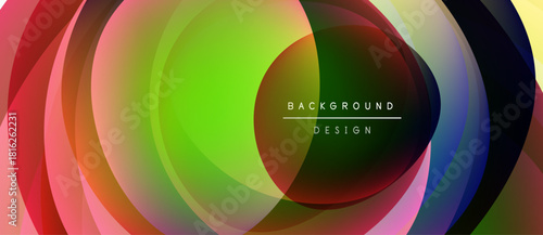 Abstract colorful layers create dynamic circular design. Vibrant hues blend, forming modern background element. Smooth gradients offer visual interest.