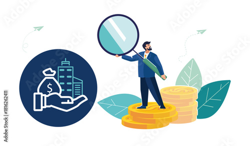 Businessman with magnifying glass analyzes dollar cents income, investor gold coins. Business finance, people. Economic growth from stock market or investment. Flat design, poster. Vector illustration