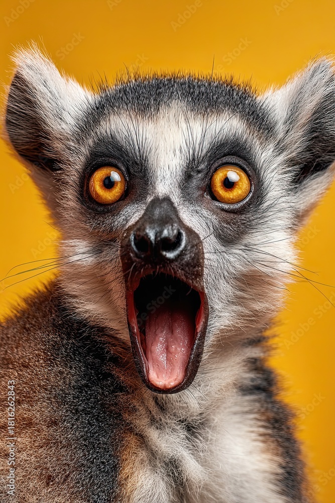 Naklejka premium Lemur face. Open mouth. Surprise, shock, paws on head on a solid colored background. Space for text.