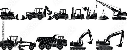 Complete set of construction and heavy machinery silhouettes, including bulldozer, excavator, crane, dump truck, loader, forklift, and grader vehicle vectors.