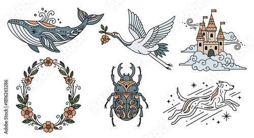 Fantasy creatures and magical elements vintage illustration sticker art concept